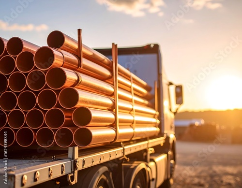 Copper pipes stacked on a truck bed at sunset