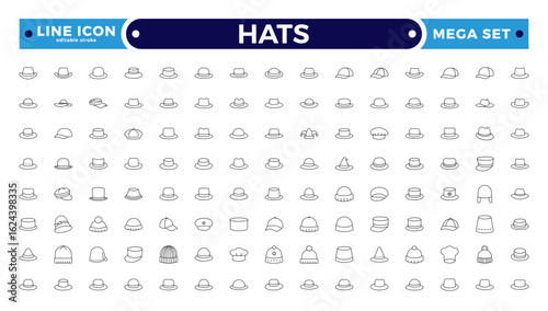Stylish outline icon set featuring unique hats: beanies, fedoras, caps, sunhats & more. Perfect for fashion apps, branding, print, and web. Clean, minimal. Editable stroke outline icon.