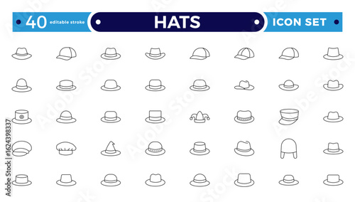 Stylish outline icon set featuring unique hats: beanies, fedoras, caps, sunhats & more. Perfect for fashion apps, branding, print, and web. Clean, minimal. Editable stroke outline icon.