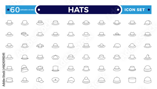 Stylish outline icon set featuring unique hats: beanies, fedoras, caps, sunhats & more. Perfect for fashion apps, branding, print, and web. Clean, minimal. Editable stroke outline icon.