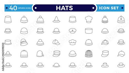 Stylish outline icon set featuring unique hats: beanies, fedoras, caps, sunhats & more. Perfect for fashion apps, branding, print, and web. Clean, minimal. Editable stroke outline icon.