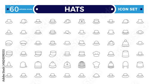 Stylish outline icon set featuring unique hats: beanies, fedoras, caps, sunhats & more. Perfect for fashion apps, branding, print, and web. Clean, minimal. Editable stroke outline icon.