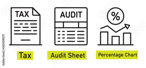 Illustration showing tax form audit sheet and percentage chart in black outline on white background