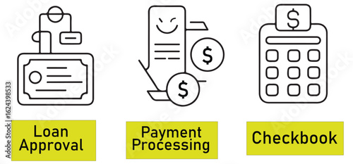 Illustration showing loan approval payment processing and checkbook in a simple black and white style