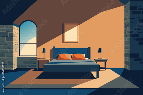 rustic bedroom interior with stone wall background.eps