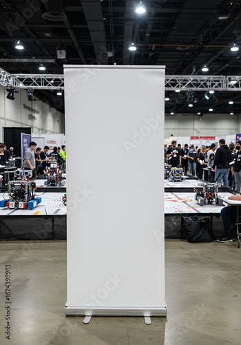 Blank roll-up banner in a large hall with robotic competition