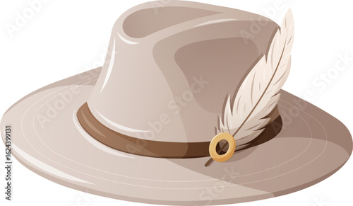 Elegant beige hat with a feather, isolated on white background, vector illustration, suitable for posters, packaging, we design, and clothing, fashion projects, vintage design, and digital content.