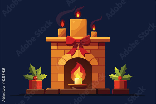 rustic stone fireplace decorated with holly  red .eps