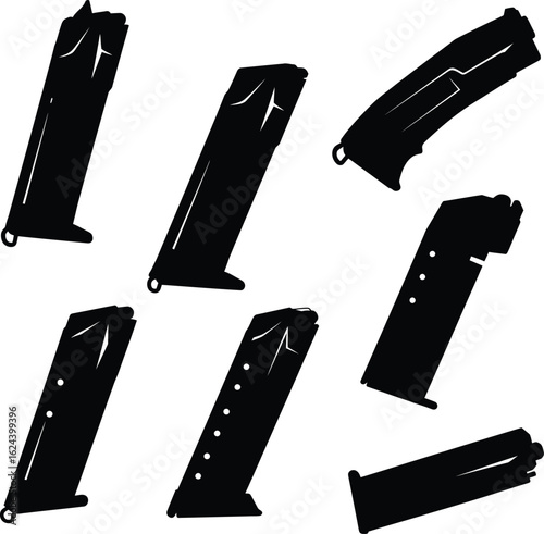 
Magazine Silhouettes: An Assortment of Pistol and Rifle Ammunition Magazines, Vector Set, Depicting a Variety of Firearm Accessories in a Clean, Minimalist Style, Perfect for a Wide Range of Graphic 
