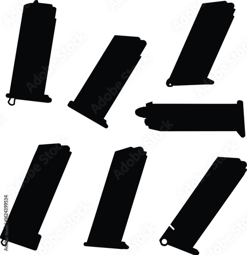 
Magazine Silhouettes: An Assortment of Pistol and Rifle Ammunition Magazines, Vector Set, Depicting a Variety of Firearm Accessories in a Clean, Minimalist Style, Perfect for a Wide Range of Graphic 