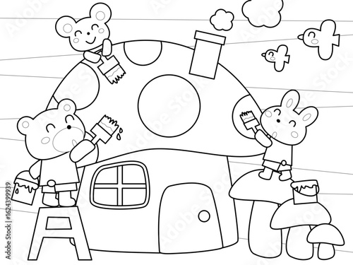塗り絵・キノコの家と動物たち