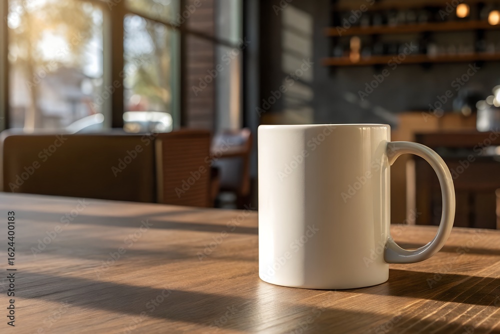 Fototapeta premium Mockup of a ceramic coffee cup on a wooden table with natural lighting. Design illustration.