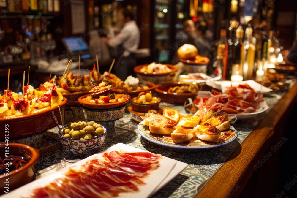 Obraz premium A lively tapas bar filled with patrons enjoying traditional Spanish dishes like patatas bravas, jamon iberico, and an array of olives and breads. The ambiance is warm and inviting