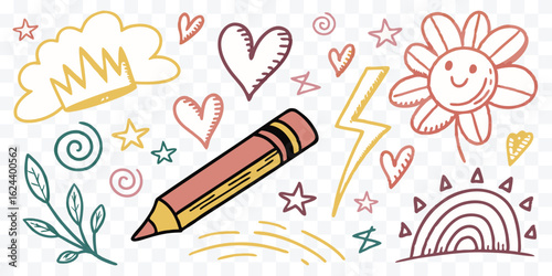 Hand Drawn Doodle Illustration Featuring a Pencil Surrounded by Whimsical Elements For Creative Projects and Design Assets