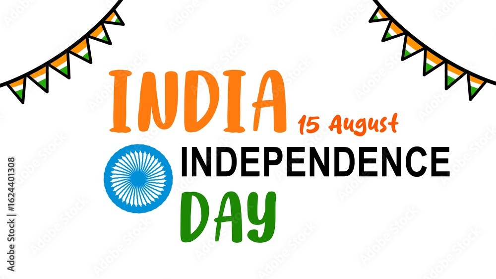 Fototapeta premium India Independence Day, August 15, 1947. Banner, poster, sticker, orange, white, green, blue, illustration, flat design.