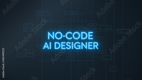 High-res conceptual wireframe of a chatbot builder with draggable logic blocks on a dark grid canvas. Title “NO-CODE AI DESIGNER” in electric blue, floating above a clean, minimalist backdrop.