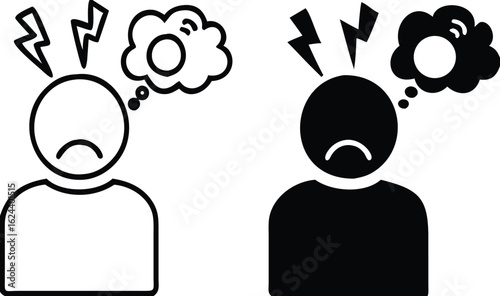Post Traumatic Stress Disorder Icons. Black and White Vector Illustration. Severe Mental Disorder, PTSD. Irritability, Aggression, Sleep Problems. Mental Health Concept
