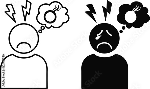 Post Traumatic Stress Disorder Icons. Black and White Vector Illustration. Severe Mental Disorder, PTSD. Irritability, Aggression, Sleep Problems. Mental Health Concept
