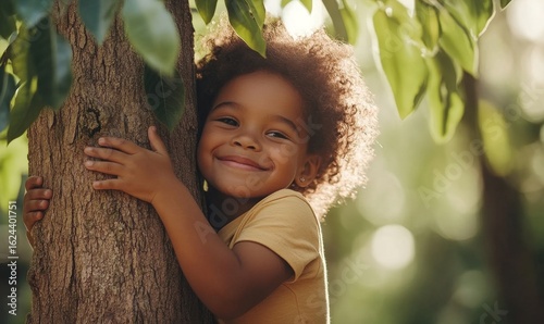 Young child hugging tree in celebration of Earth Day, living sustainably, advocating environmental responsibility and climate awareness, Generative AI