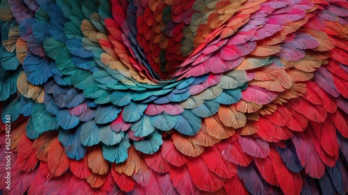 Colorful feather textures form a vivid pattern resembling a spiral in bright hues