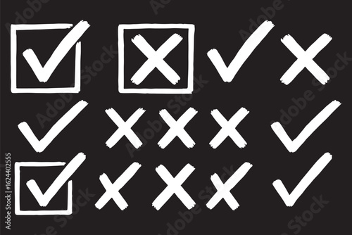 Check tick mark icon set. Cross box x check mark checkbox v list vector draw hand drawn sketch doodle brush marker checklist symbol wrong right circle. Vector Illustration