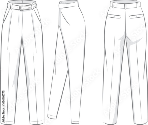 cad drawing flat vector illustration, fashion technical sketch of classic women’s tailored high waist straight leg trousers with belt loops, pockets