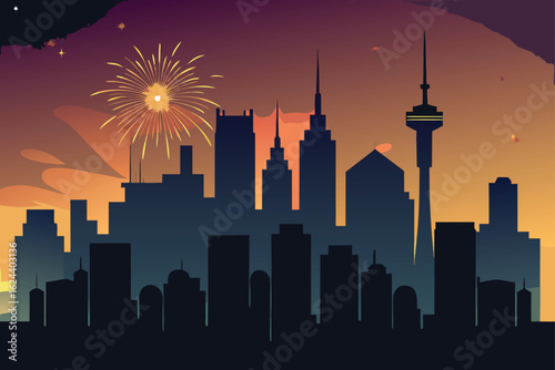 silhouette of city skyline with fireworks  .eps