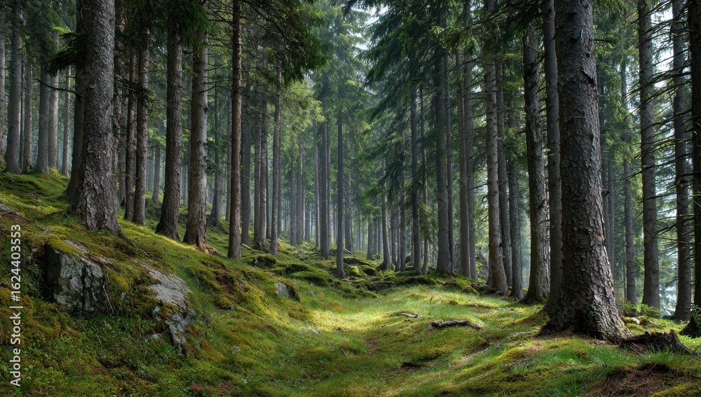 Fototapeta premium Sunlight filters through the tall trees of a lush green forest, illuminating a mossy path and creating a serene woodland scene.
