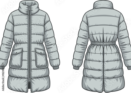 cad drawing flat vector illustration, long women’s puffer coat technical sketch, quilted winter jacket, front and back view