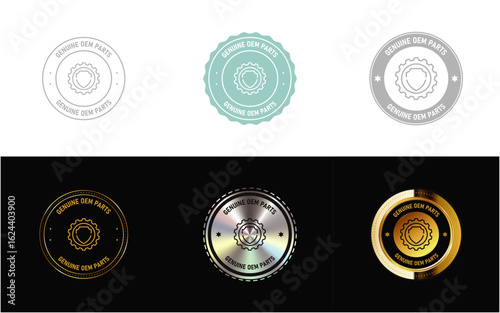 Genuine OEM Parts icon, stamp, seal, symbol and logo in minimal, gold, silver design vector