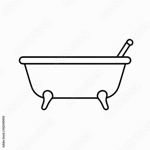 Simple bathtub line drawing illustration on white background. Bathtub image shows minimalist design with tap. Conceptual bathtub for sanitary design projects.