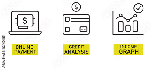 Icons depicting online payment credit analysis and income graph on a white background simple design