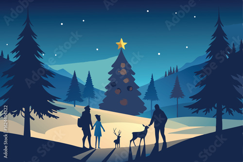 snowy forest clearing with a family of deer grazi.eps