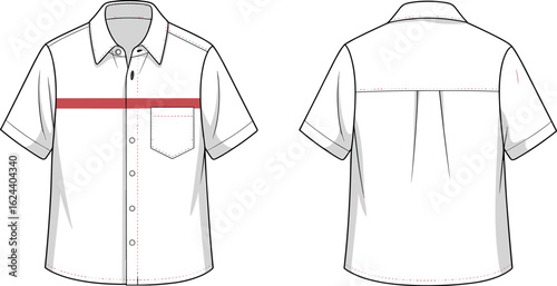cad drawing flat vector illustration, short sleeve button down shirt front and back technical sketch, fashion template