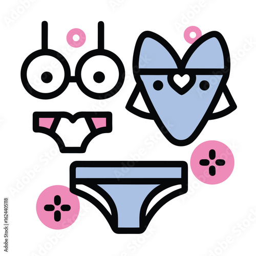 Adorable cartoon-style lingerie set with bra, panties, and a bow, perfect for fashion, clothing, or intimate apparel illustrations.