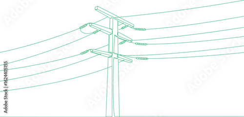 Minimalist line drawing of power lines and utility poles, electrical infrastructure illustration, energy transmission concept, electric grid system design, clean vector art