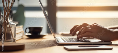 The laptop on a wooden desk illuminated by warm sunlight in a cozy workspace.