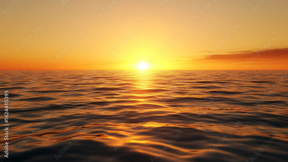 Fototapeta premium Golden sunset over calm sea, clear sky, warm light, peaceful mood, tranquil water reflection