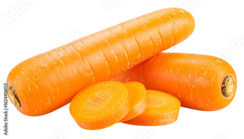 Two fresh orange carrots with stacked slices, isolated on a white background. PNG format. 