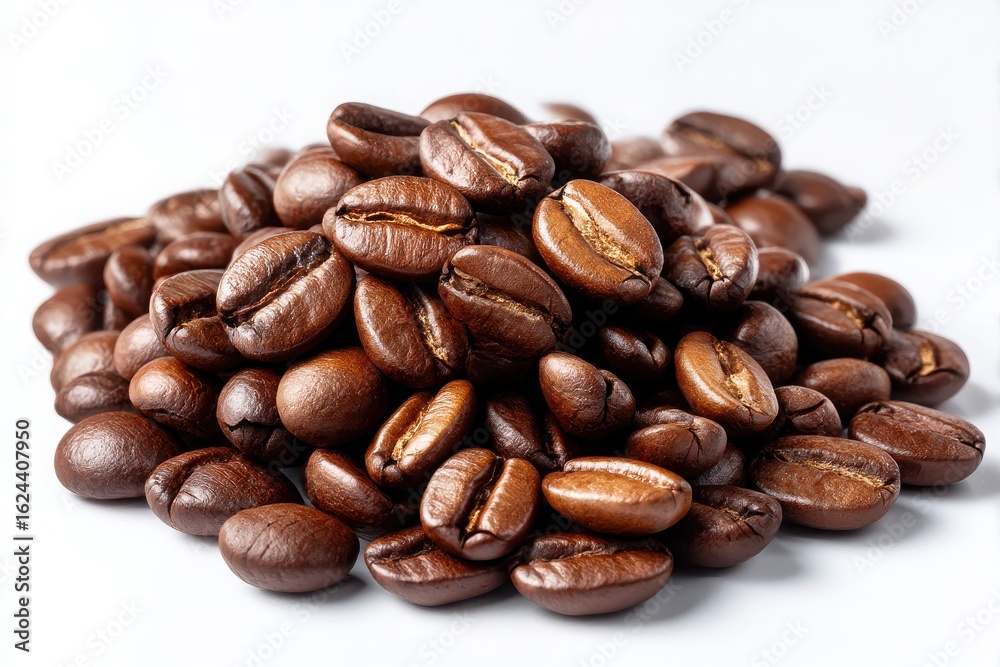 Naklejka premium A pile of roasted coffee beans with a rich brown color isolated on white background