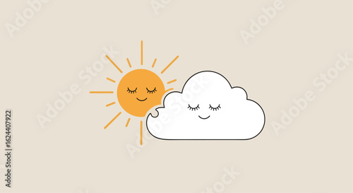 Whimsical sun and cloud friends share a serene moment, embodying peaceful coexistence and gentle weather.