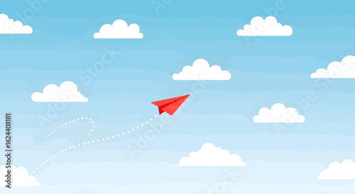 Red paper airplane soaring through a bright blue sky dotted with fluffy white clouds, leaving a dotted trail symbolizing journey and progress.