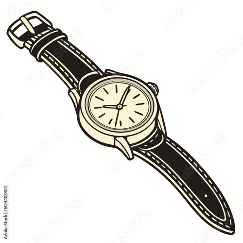 Classic analog wristwatch with a black leather strap and a cream colored dial