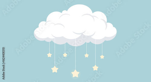 Dreamy white cloud adorned with glowing yellow stars hanging on delicate strings, creating a whimsical and serene atmosphere perfect for nursery decor or children's themes.