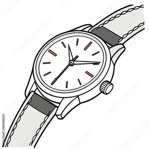 Classic analog wristwatch with a white dial and a light gray leather strap