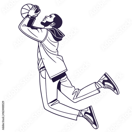 Dynamic illustration of a basketball player in mid air performing a slam dunk