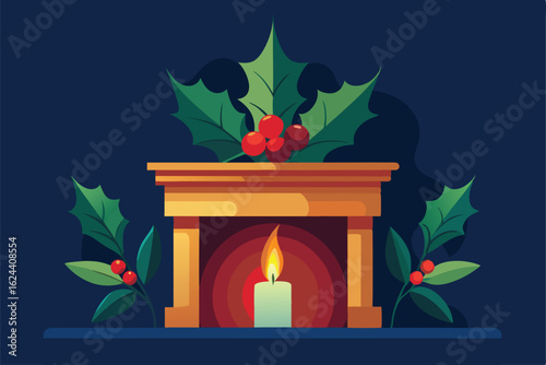 traditional fireplace mantel decorated with red b.eps