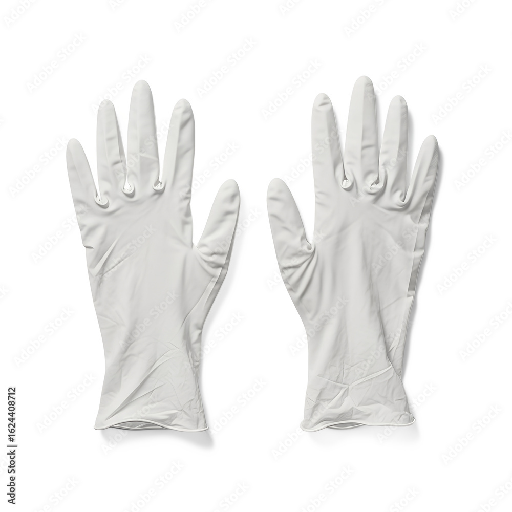 Obraz premium Pair of white latex medical examination gloves isolated on a transparent background image png, cut out, clipping path, social media, Advertisement, high quality, HD photo, close up.