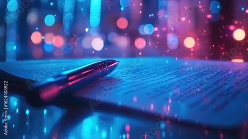 Cyberpunk Style Pen and Document with Futuristic Cityscape Background