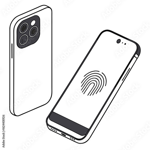 Modern smartphone with fingerprint scanner on screen and triple camera array on back